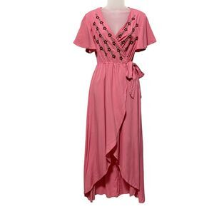 Stevie Hender Pink Embroidered Wrap Maxi Dress M Flutter Sleeve NWT
